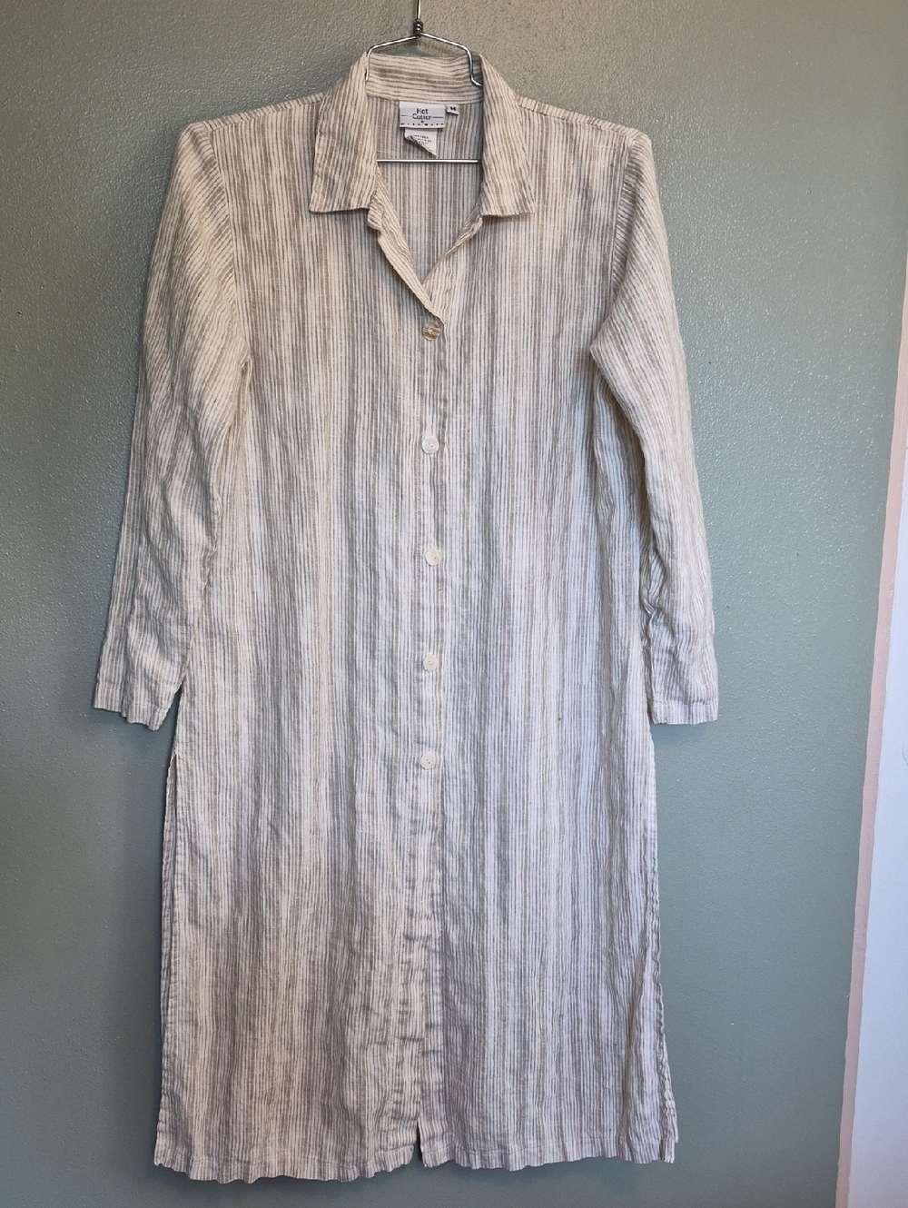 Long Linen Button Front Shirt Jacket Medium Beige Stripe